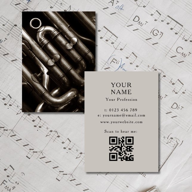Carte De Visite Musiciens tuba (Musicians fully customizable Business Card in black and white, composers, singers, woodwind, bands)
