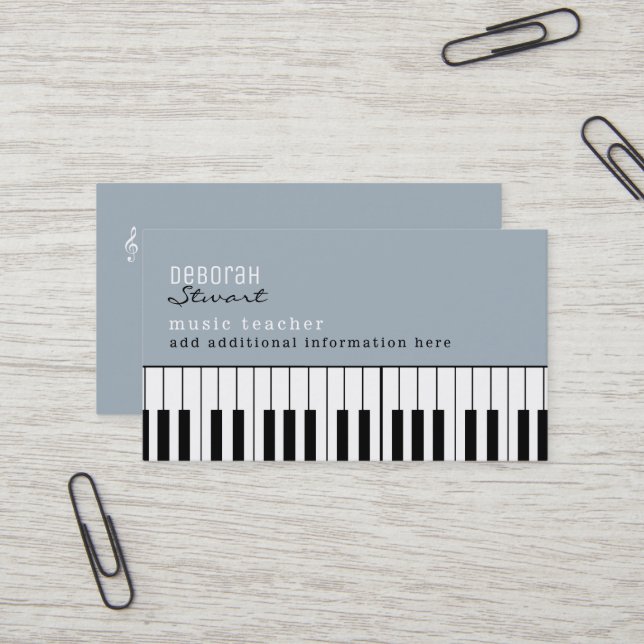 Carte De Visite Musique Piano Enseignant Élégant Dusty Blue (Devant/Arrière en situation)