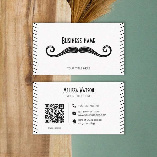 Carte De Visite Mustache de code QR noir et blanc unique (Créateur téléchargé)