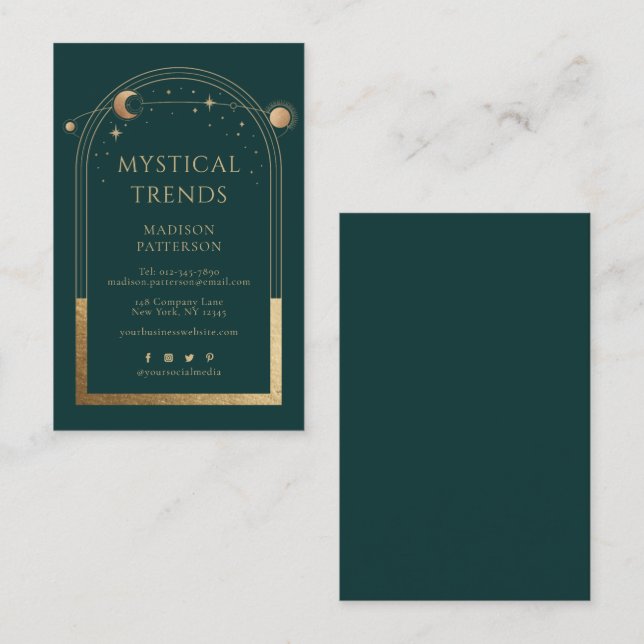 Carte De Visite Mystique Vert Or Soleil Lune Espace Astronomique (Devant / Derrière)