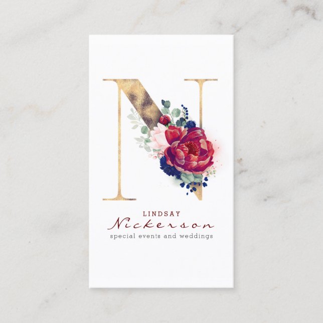 Carte De Visite N Monogram Burgundy Gold et Navy Blue Floral (Devant)