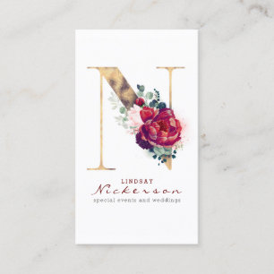Carte De Visite N Monogramme Bourgogne Fleurs rouges et Parties sc