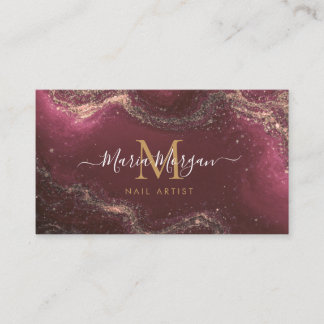 Carte De Visite Nail Artist Burgundy Agate Gold Monogram