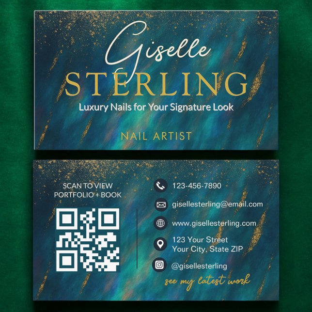 Carte De Visite Nail Artist Dark Green Opal Stone QR Code (Créateur téléchargé)