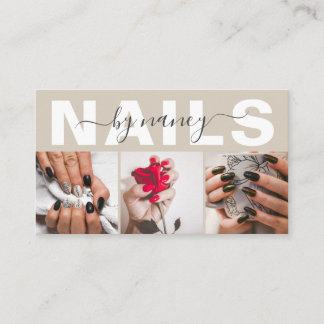 Carte De Visite Nail Artist Photo Collage Qr Code Logo Beige