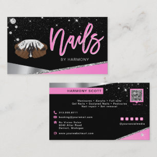 Carte De Visite Nail Tech Artiste Glam rose Silver Diamond Salon B