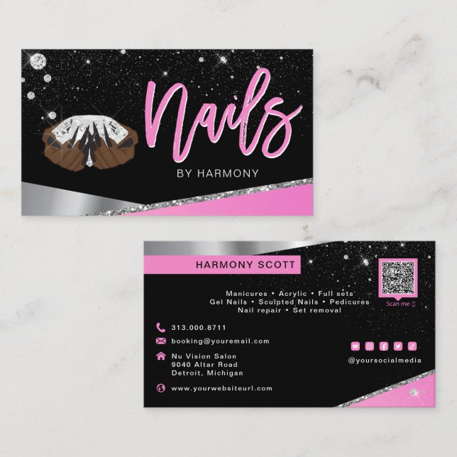 Carte De Visite Nail Tech Artiste Glam rose Silver Diamond Salon B (Devant / Derrière)