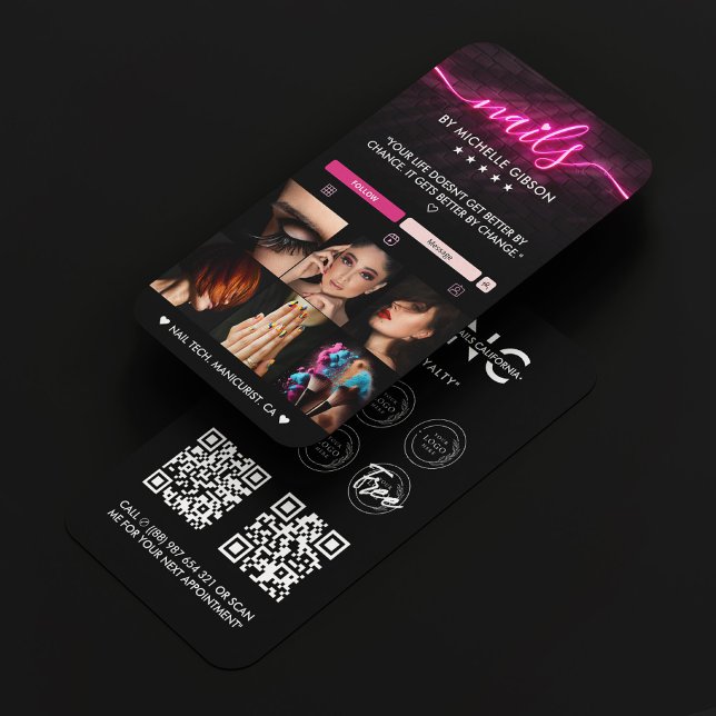 Carte De Visite Nail Tech Black Rose Neon Nail Artiste Manicuriste (Nail Tech Black Pink Neon Nail Artist Manicurist Business Card
)