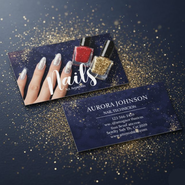 Carte De Visite Nail Tech Glam Navy glitter Business Card (Créateur téléchargé)