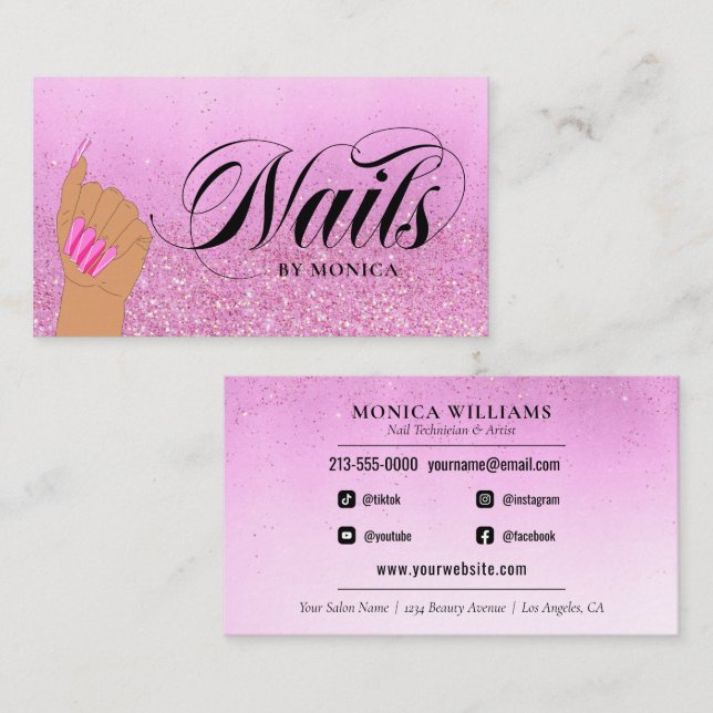 Carte De Visite Nail Tech Manicure Artiste Hot Pink Glam Parties s (Devant / Derrière)