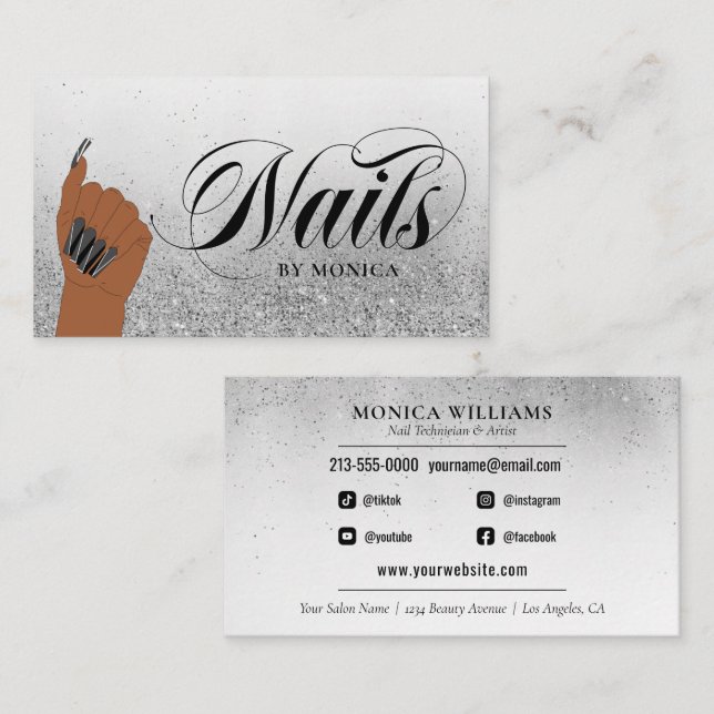 Carte De Visite Nail Tech Nail Artiste Silver Glam Parties scintil (Devant / Derrière)
