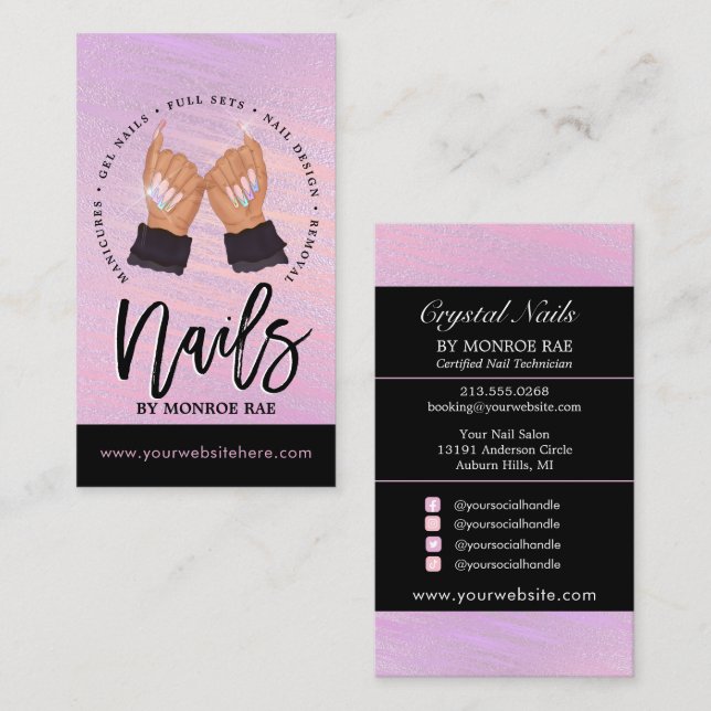 Carte De Visite Nail Tech / Nails Salon Peach Pink Black Glam (Devant / Derrière)