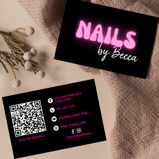 Carte De Visite Nail Tech Retro rose Neon QR Code tendance