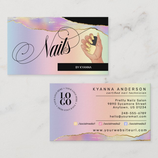 Carte De Visite Nail Tech/Salon - Holographique Pastel Rainbow, Lo (Devant / Derrière)