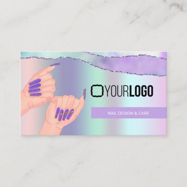 Carte De Visite Nail Tech/Salon Pastel Purple Metallo - Votre logo (Devant)