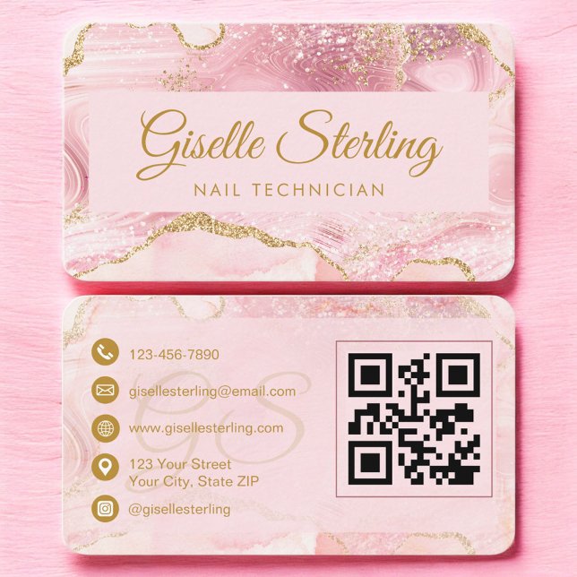 Carte De Visite Nail Technician Pink Gold Agate QR Code (Créateur téléchargé)