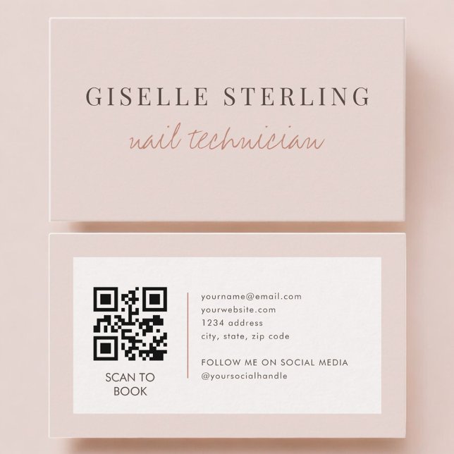 Carte De Visite Nail Technician QR Code Blush Pink  (Créateur téléchargé)