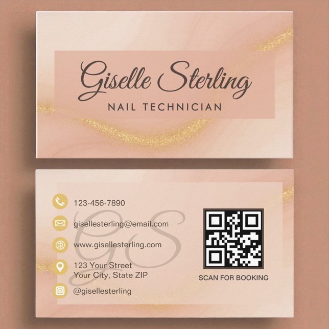 Carte De Visite Nail Technicien Aquarelle Or Monogramme QR Code (Créateur téléchargé)
