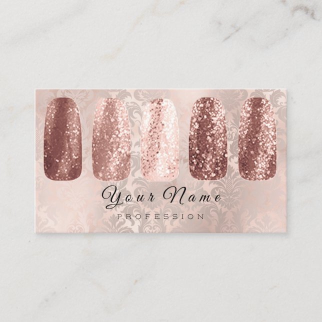 Carte De Visite Nails Art Parties scintillant Damask Champagne Ros (Devant)