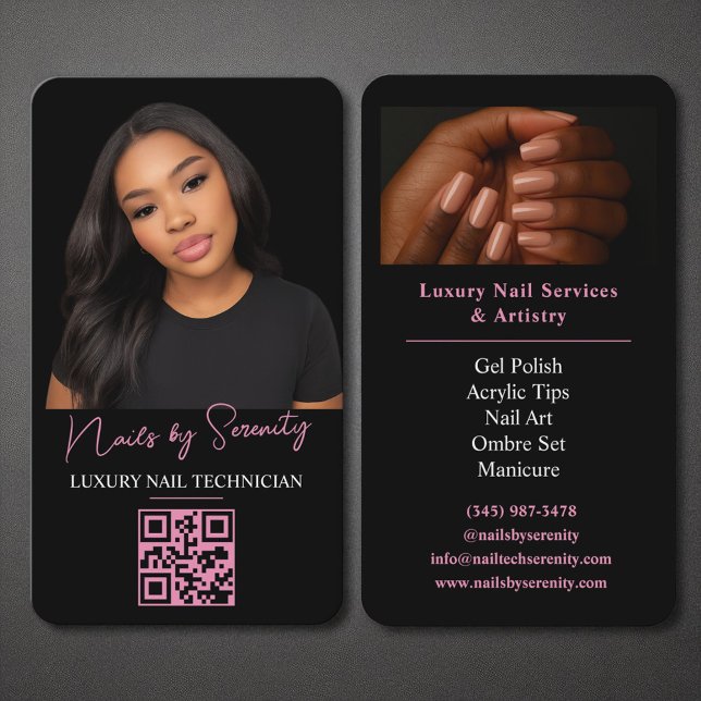 Carte De Visite Nails Technicien QR Code Luxury Black Rose Beauté (Créateur téléchargé)