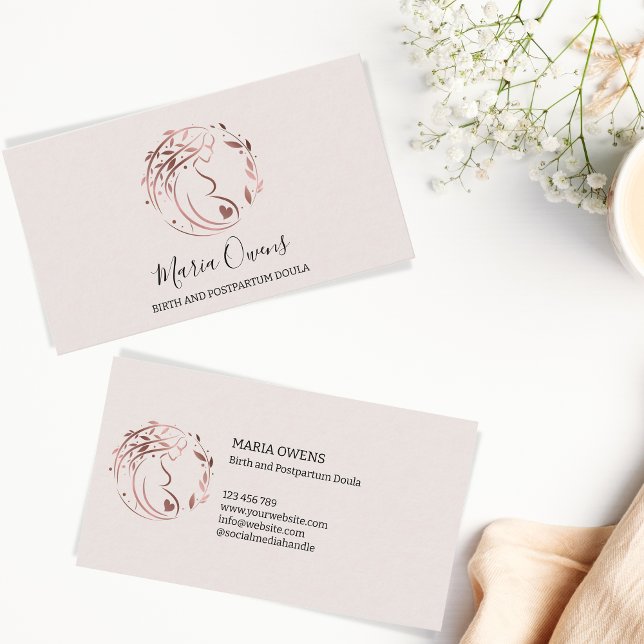Carte De Visite Naissance moderne postpartum Doula Lactation de la (doula rose gold floral woman with belly logo)