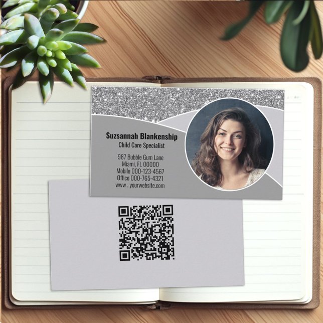 Carte De Visite Nanny Custom Photo Faux Silver Parties scintillant (Business card qr code and photo template)