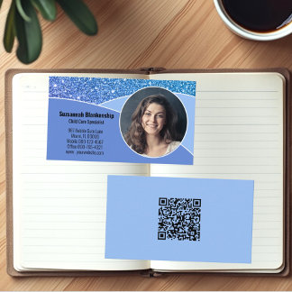 Carte De Visite Nanny professionnelle Photo personnalisée Bleu QR 