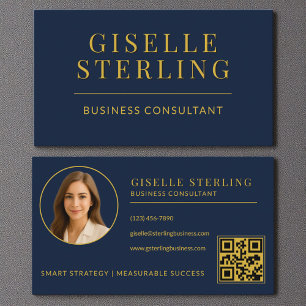 Carte De Visite Navy Blue Gold Business Consultant Photo QR Code
