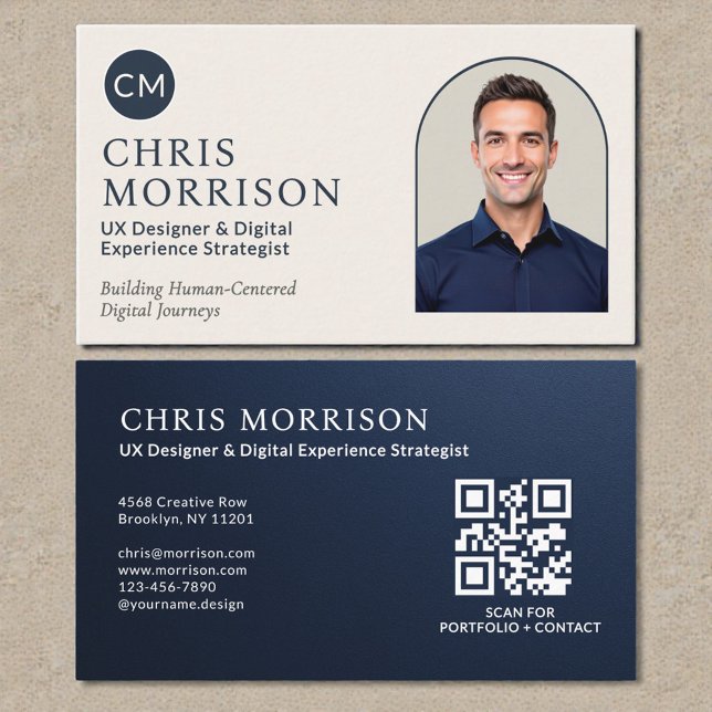 Carte De Visite Navy Blue Professional QR Code Photo Metallic (Créateur téléchargé)