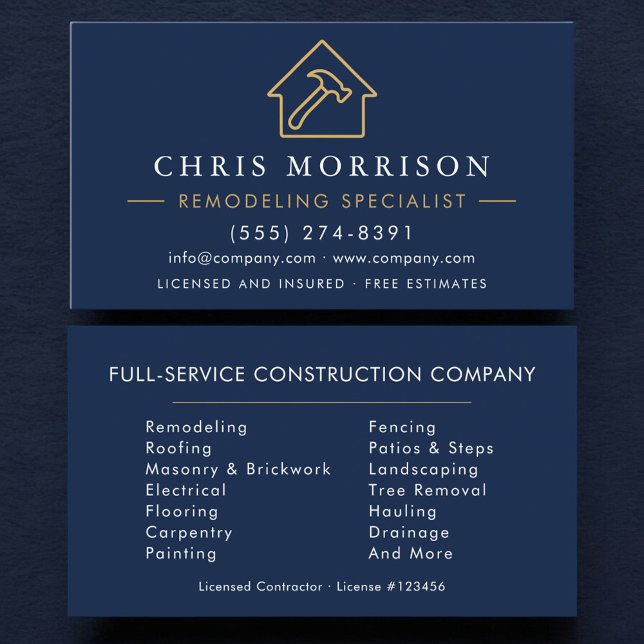 Carte De Visite Navy Blue Remodeling Specialist Construction (Créateur téléchargé)