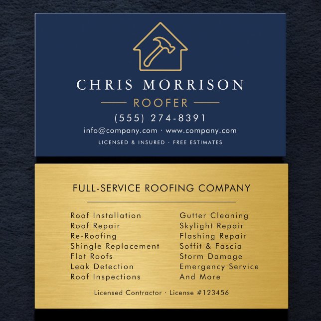 Carte De Visite Navy Blue Roofing Professional Gold Metallic (Créateur téléchargé)