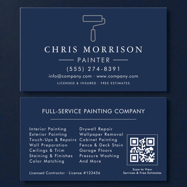 Carte de visite Navy Blue Silver QR Code pour pein (Créateur téléchargé)