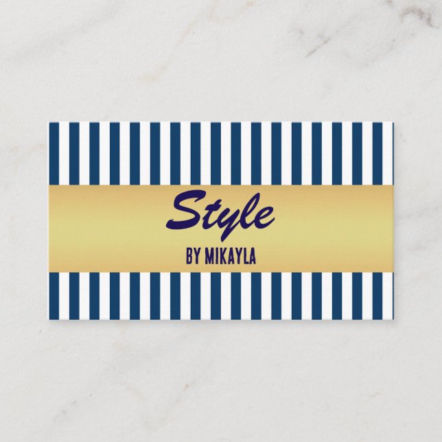 Carte De Visite Navy Blue Stripes Gold Bar Stylist (Devant)