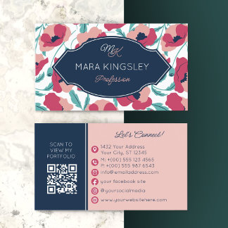 Carte De Visite Navy Pink Modern Poppy Pattern Monogram