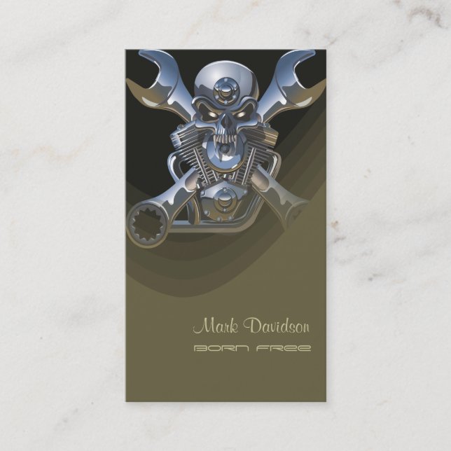 Carte De Visite Né pour être sauvage, clé de moto + crâne (Devant)