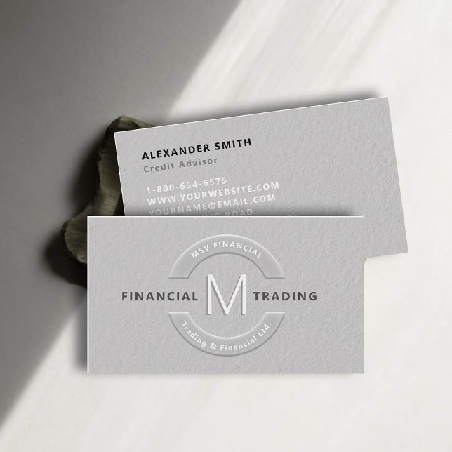 Carte De Visite Négociant Faux Monogramme Professionnel (dealer trader financial finance business card faux embossed black white professional sleek monogram)