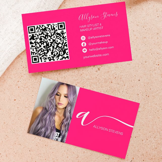 Carte De Visite Neon rose cheveux maquillage photo initiale code q (Neon pink hair makeup photo initial qr code business card)
