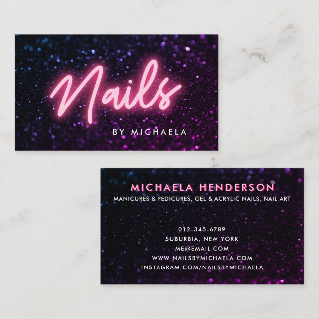 Carte De Visite Neon rose et Parties scintillant Nail Salon/Techni (Devant / Derrière)
