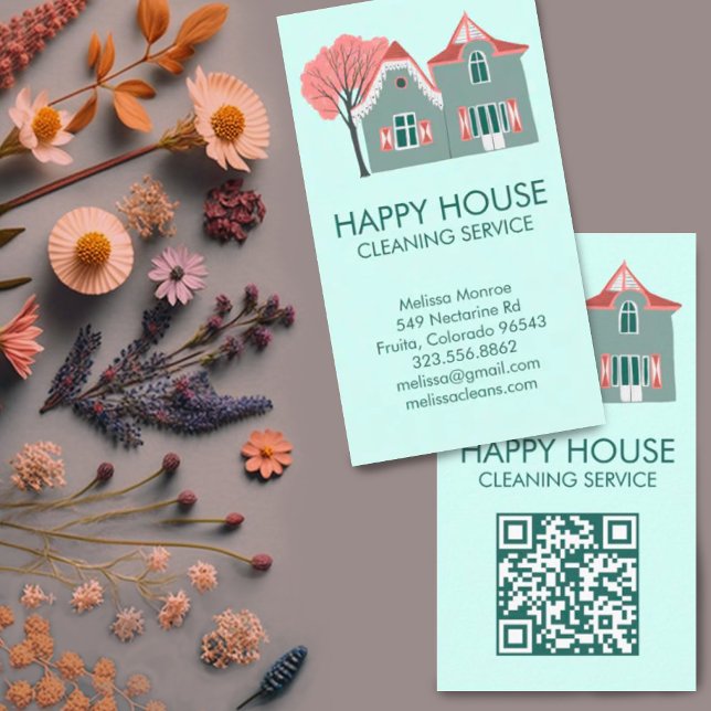 Carte De Visite Nettoyage de la maison Services à domicile Charme  (House Cleaning Home Services Charming QR Code Business Card, add your own text and link to customize)