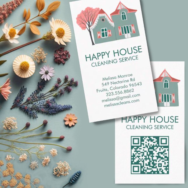 Carte De Visite Nettoyage de la maison Services à domicile Charme  (House cleaning, cute home illustration custom business card with QR code. Add your own text and link)