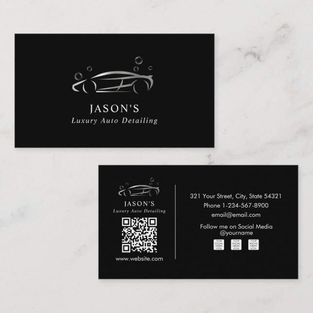 Carte De Visite Nettoyage de voiture Black & Silver Luxury Auto Dé (Devant / Derrière)