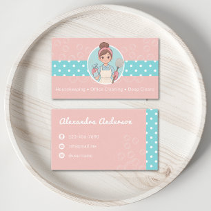 Carte De Visite Nettoyage Lady Cartoon Rose Et Polka Turquoise Poi