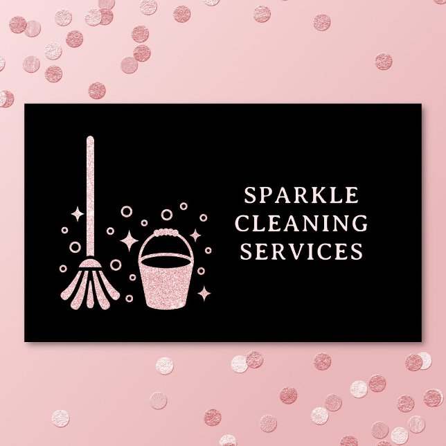 Carte De Visite Nettoyage Mop Et Bucket Pink Faux Parties scintill (Cleaning business card on a pink background with glitter confetti. )