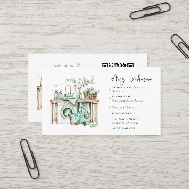 Carte De Visite Nettoyage professionnel aquarelle (Devant/Arrière en situation)