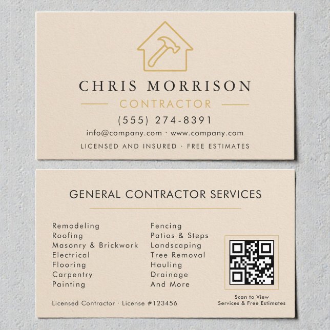 Carte De Visite Neutral Beige Construction Minimalist Gold QR Code (Créateur téléchargé)