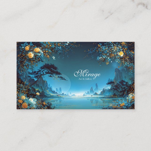 Carte De Visite Night Landscape Gold Rose Floral Teal Lake Frame (Devant)