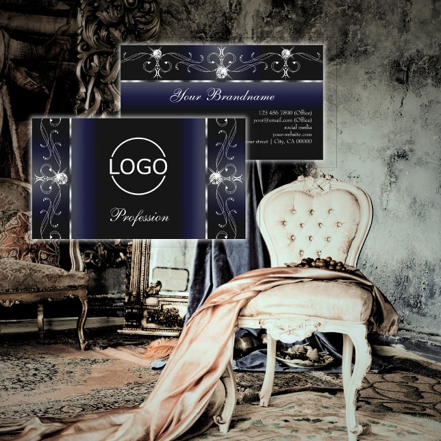 Carte De Visite Noble Black Blue Blanc Squiggled Bijoux avec logo (Créateur téléchargé)