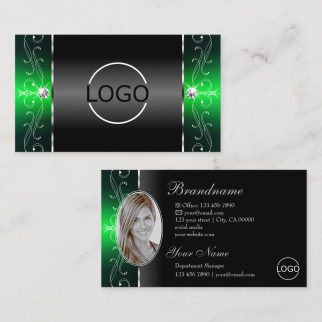 Carte De Visite Noble Black Green bijoux squigglés Logo et photo (Devant / Derrière)