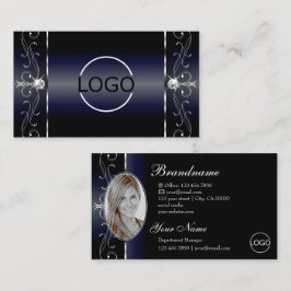 Carte De Visite Noble noir bleu blanc squigglé Bijoux Logo Photo