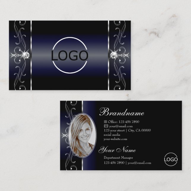 Carte De Visite Noble noir bleu blanc squigglé Bijoux Logo Photo (Devant / Derrière)
